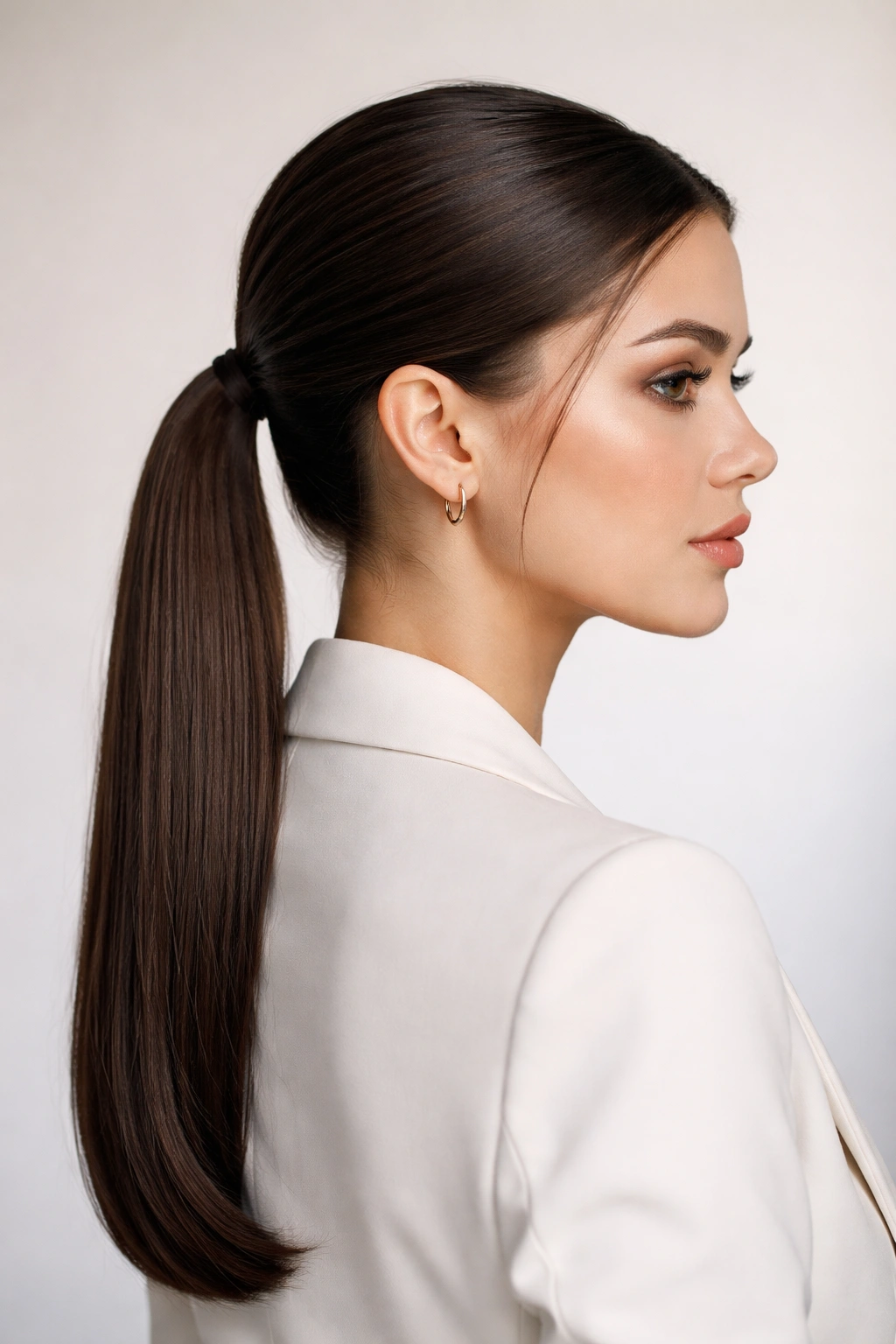 Sleek straight low ponytail at the nape with glossy hair
