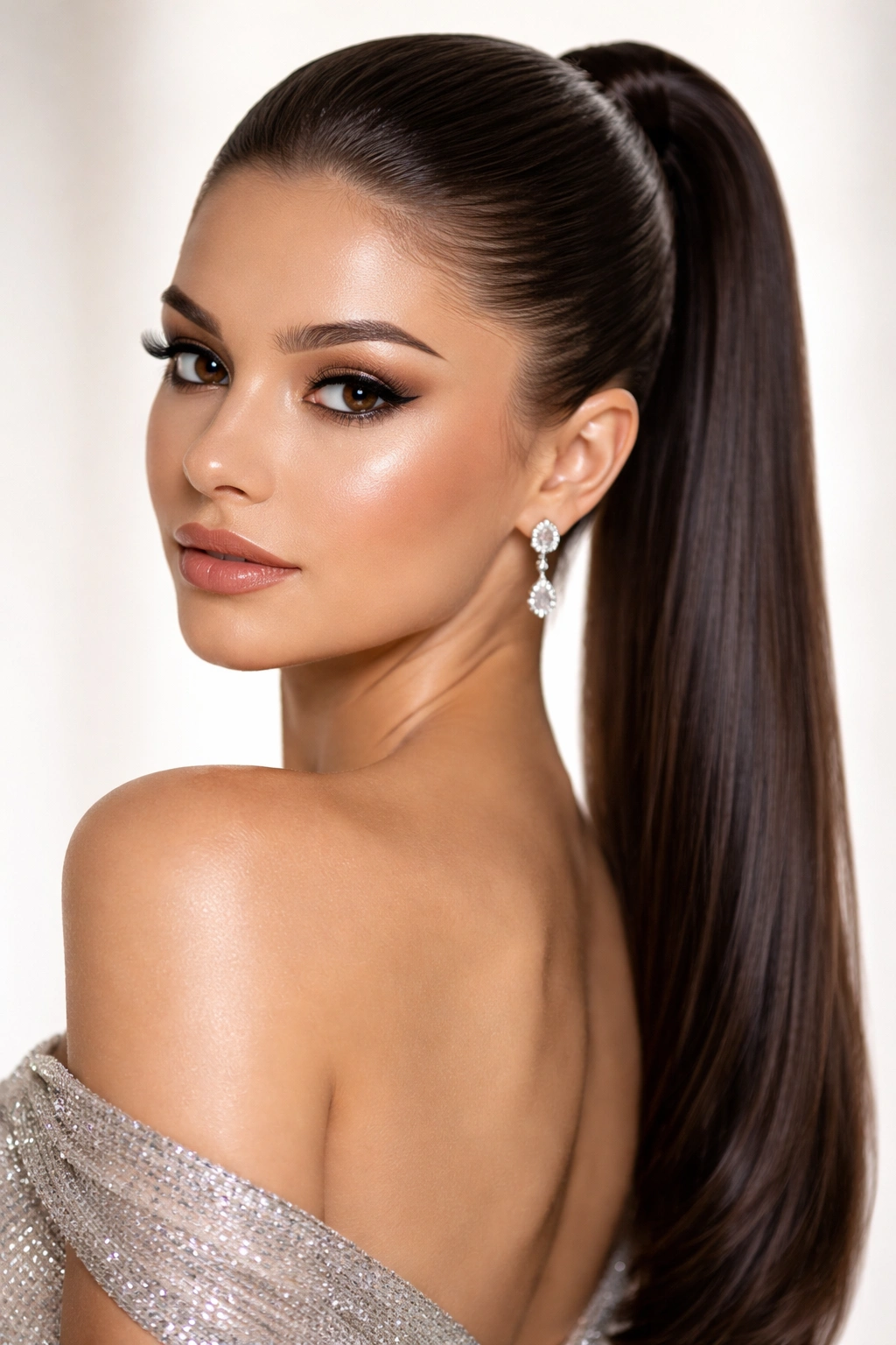 High-gloss sleek ponytail with smooth, slicked-back finish
