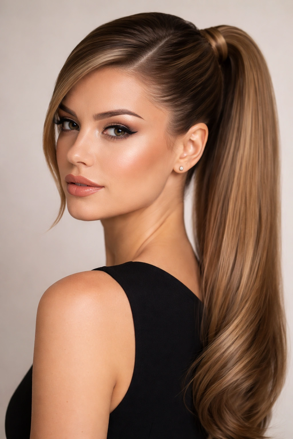 Polished high side ponytail with deep side part on neutral backdrop