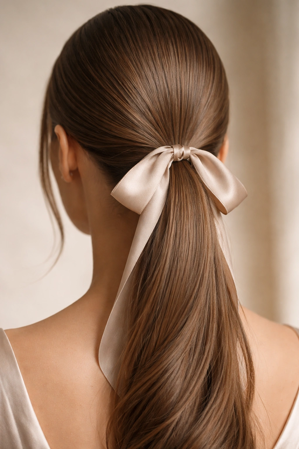 Close-up of sleek ponytail with silk ribbon at base, glossy hair