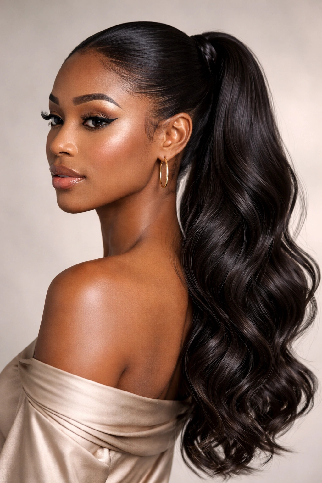 Sleek upper ponytail with soft waves in the tail