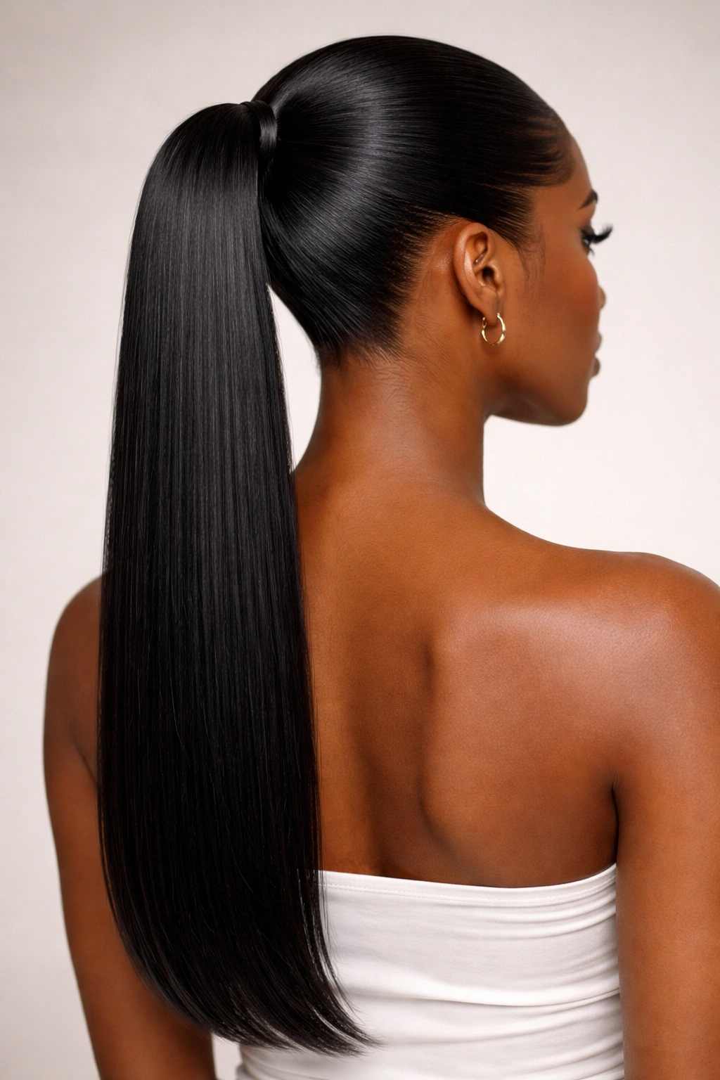 Mirror-smooth sleek ponytail with straight hair