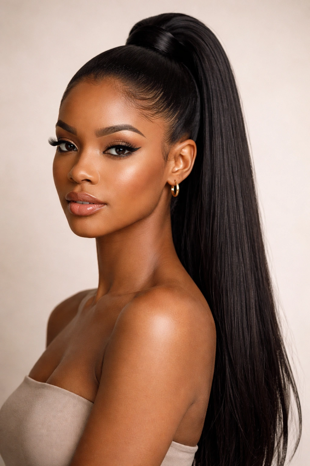 Close-up portrait of a person with a sleek high ponytail and straight hair in a studio setting