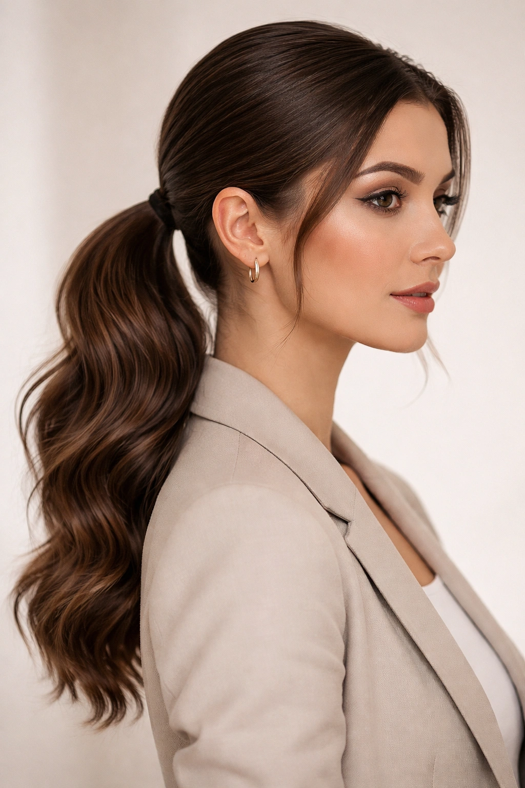 Portrait showing sleek low ponytail with textured waves for a professional look.