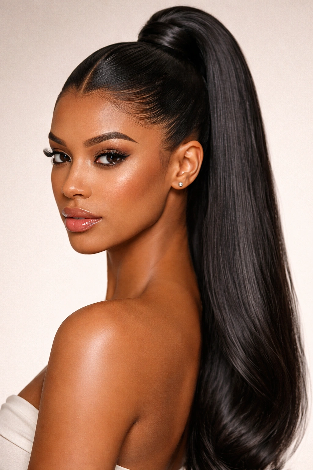 Close-up of sleek high V-part ponytail with glossy crown
