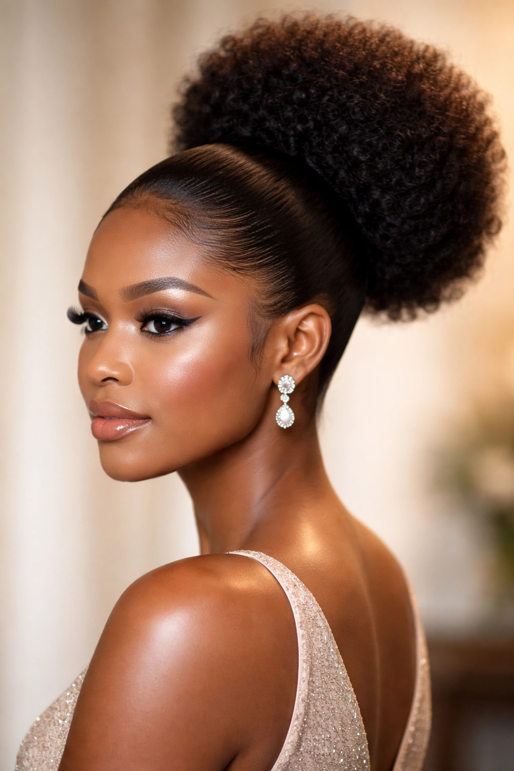 Sleek glossy pulled-back afro puff with smooth edges