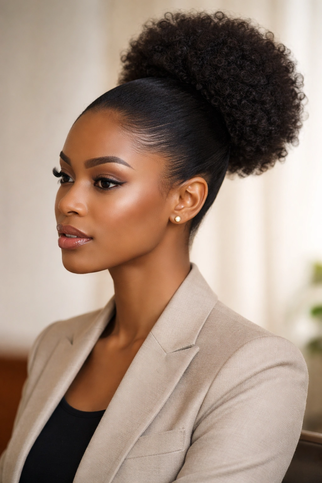 Close-up of a high, sleek puff hairstyle with smooth base for a professional look