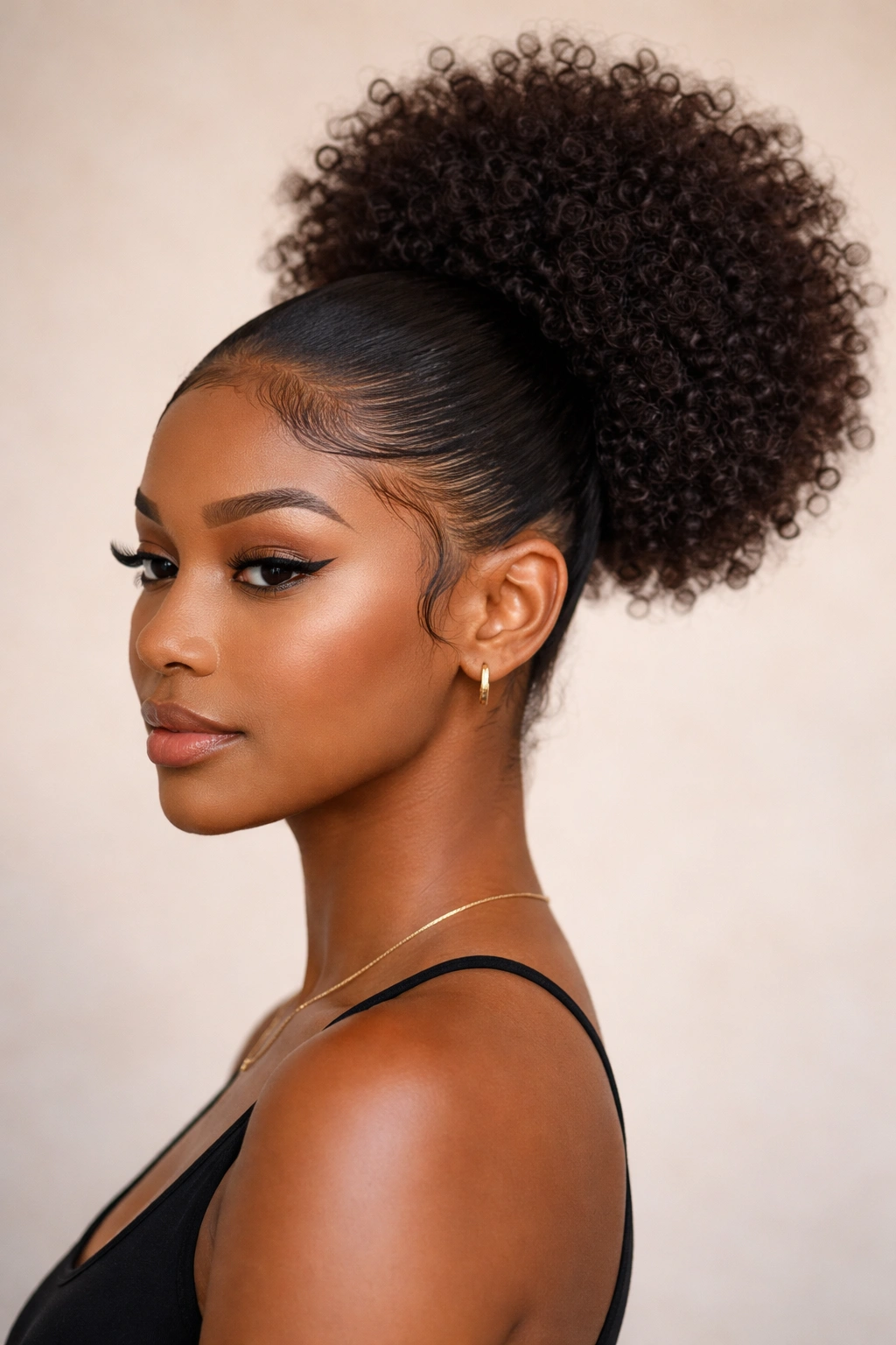 Three-quarter view of a sleek puff ponytail with edges laid down