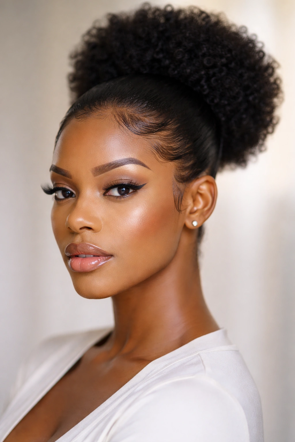 Portrait of a Black woman with a sleek puff and gel-defined edges