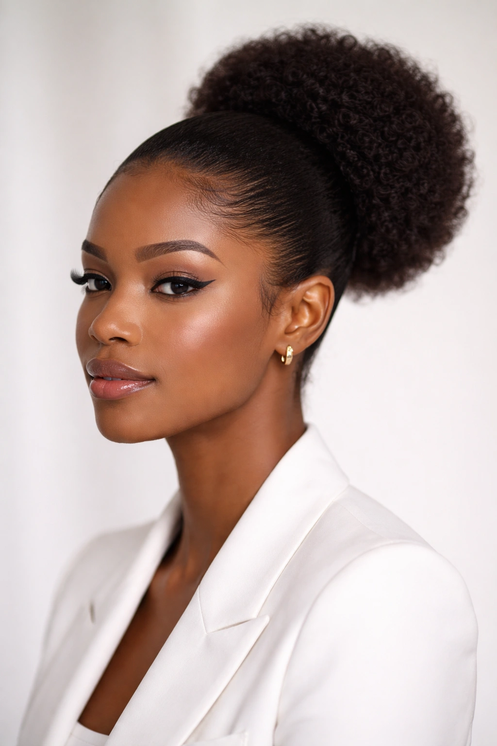 Close-up portrait of a Black woman with a sleek, polished puff and defined hairline