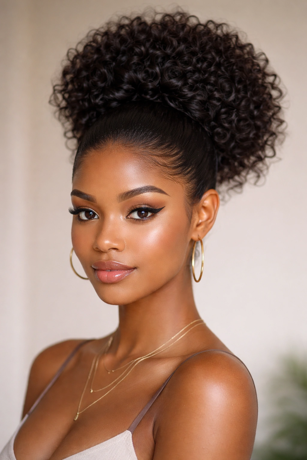High puff hairstyle with a sleek crown and layered waves, frontal view