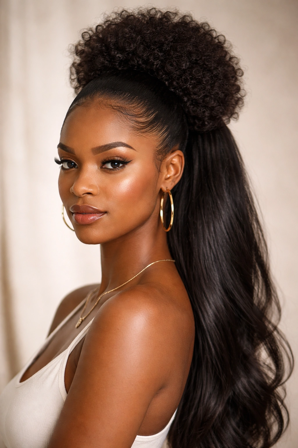 Close-up of a natural-haired model showing the Sleek Puff with Ponytail Tail hairstyle.