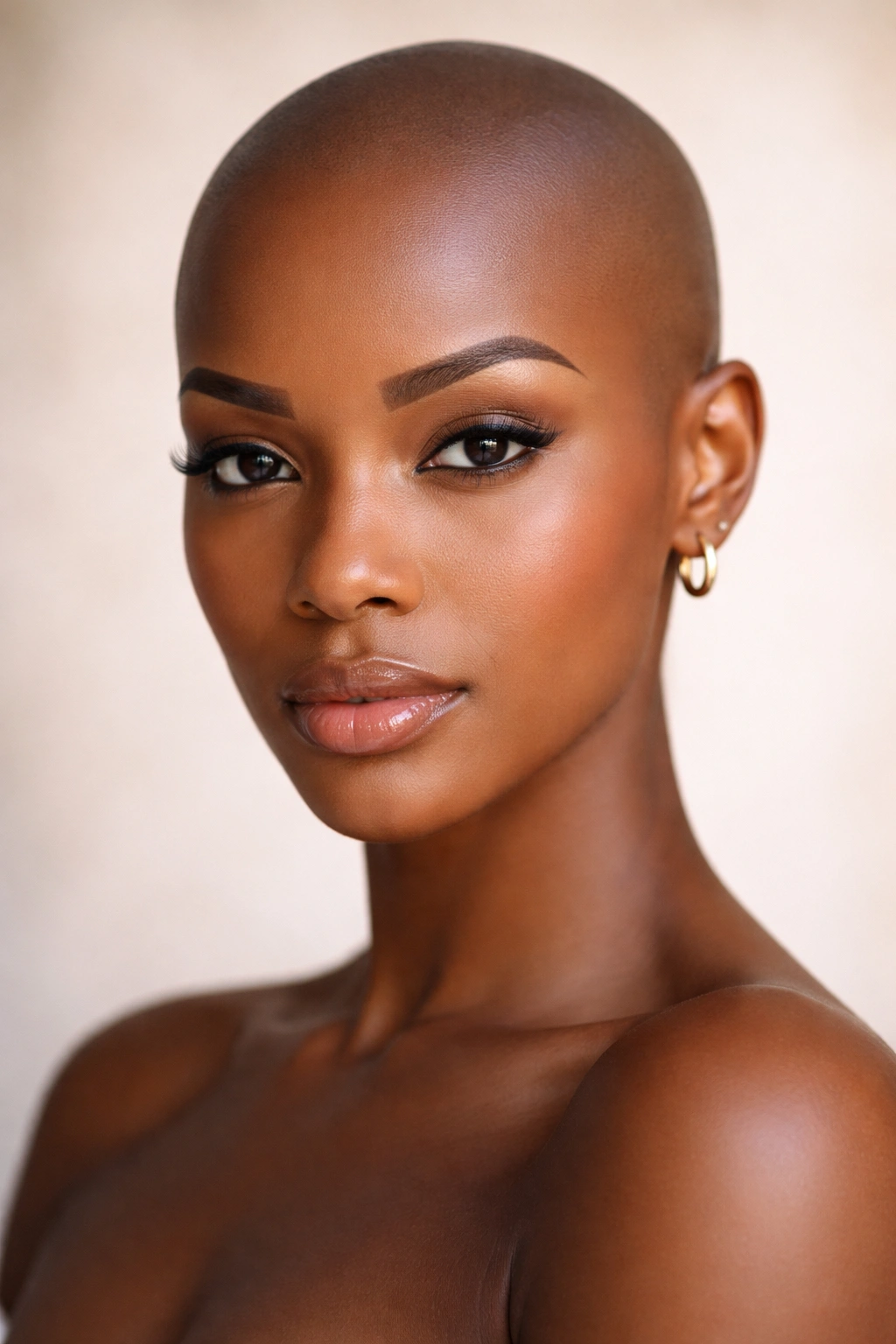 Frontal close-up of a sleek shaven look highlighting a smooth scalp