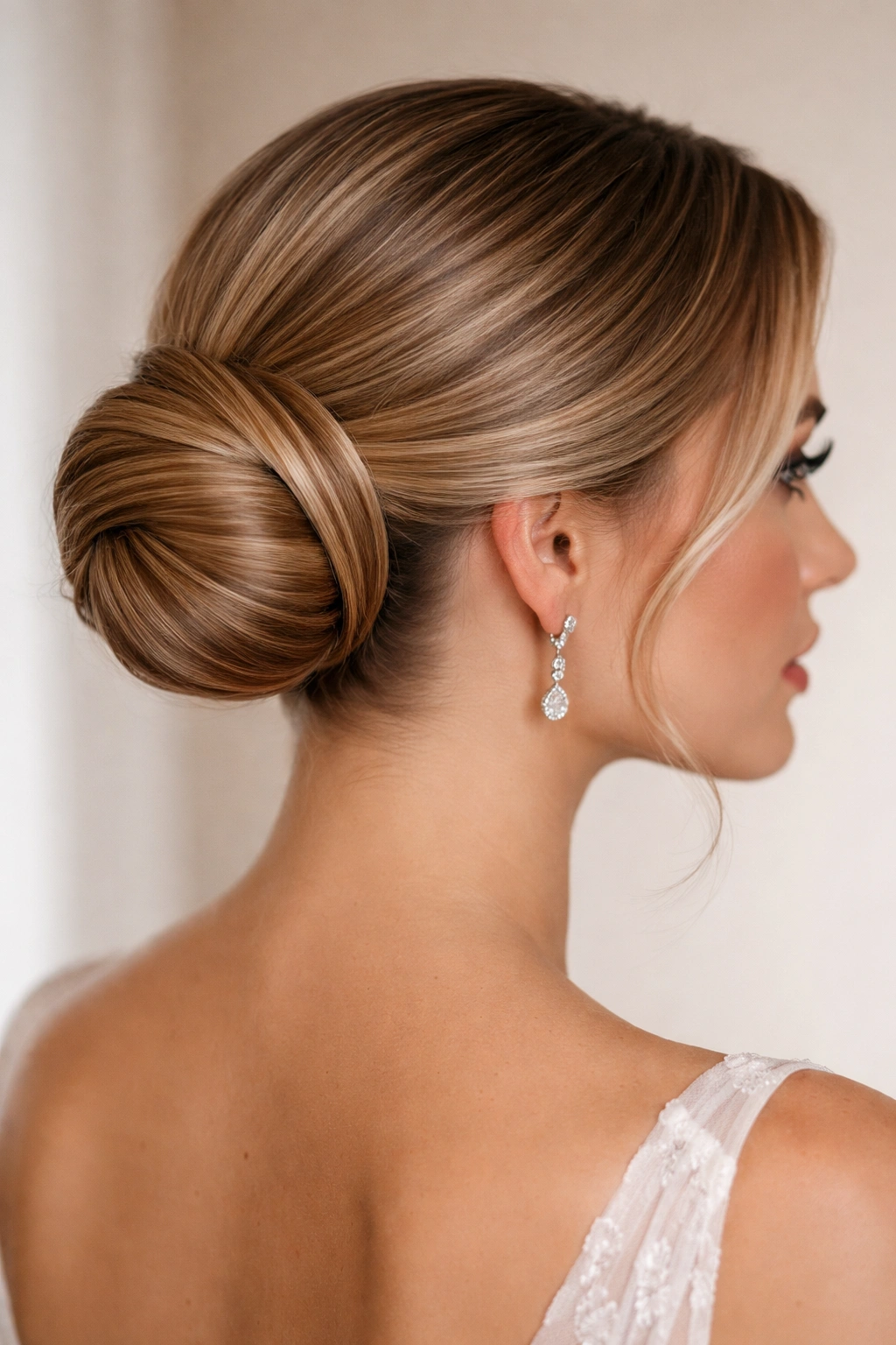 Close-up of a sleek wrapped side bun with pins in a studio setting