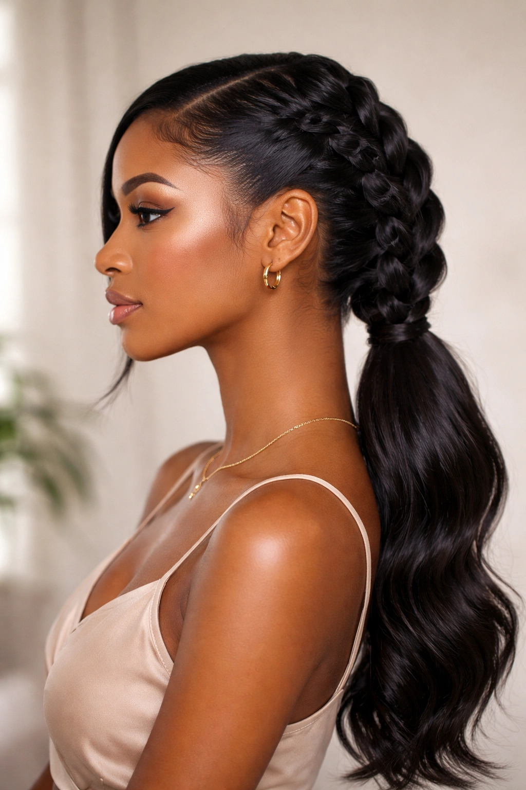 Side-view of sleek side butterfly braid ponytail on one shoulder