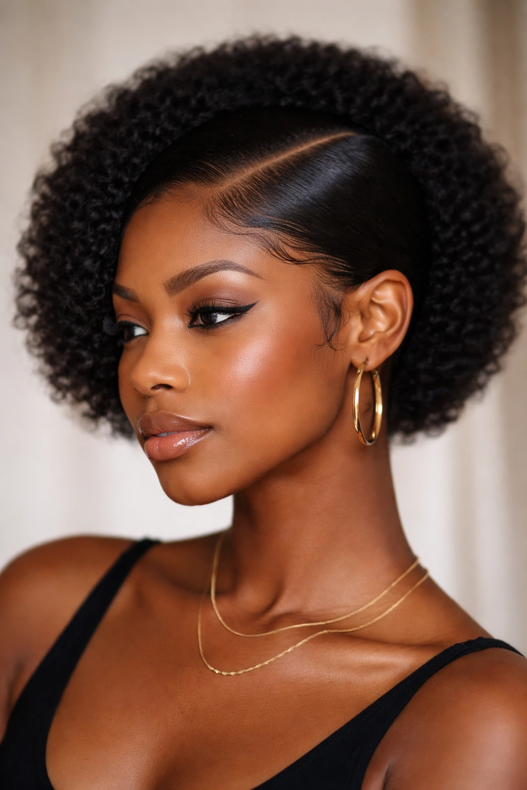 Sleek side-part hairstyle with smooth edges and glossy finish