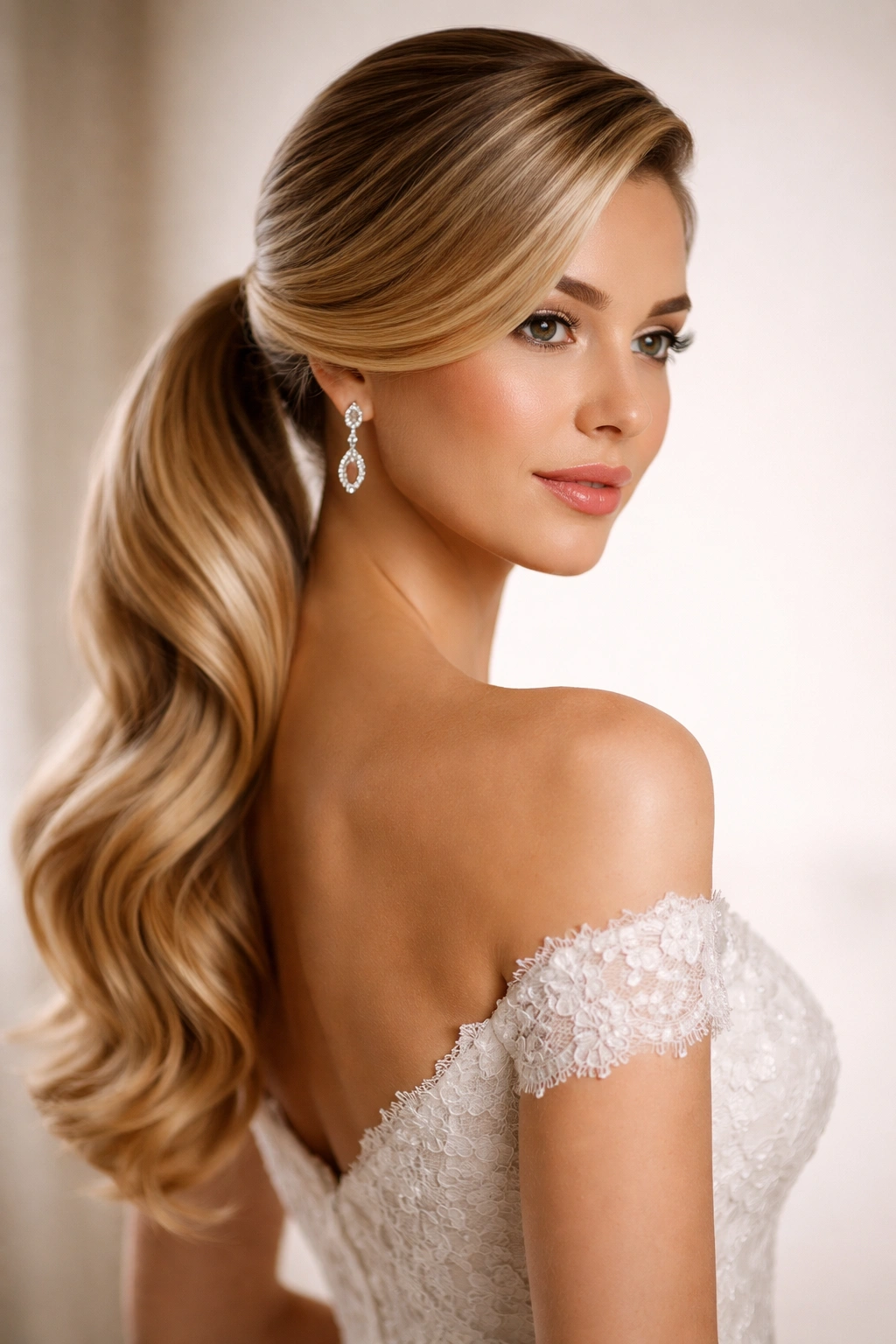 Side profile of Sleek Side Ponytail with Hair Swoop showing a glossy, elegant sweep.