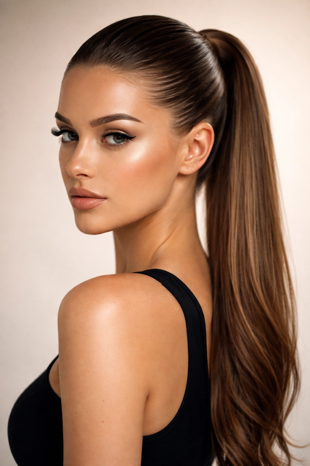 Slicked-back ponytail with glossy finish