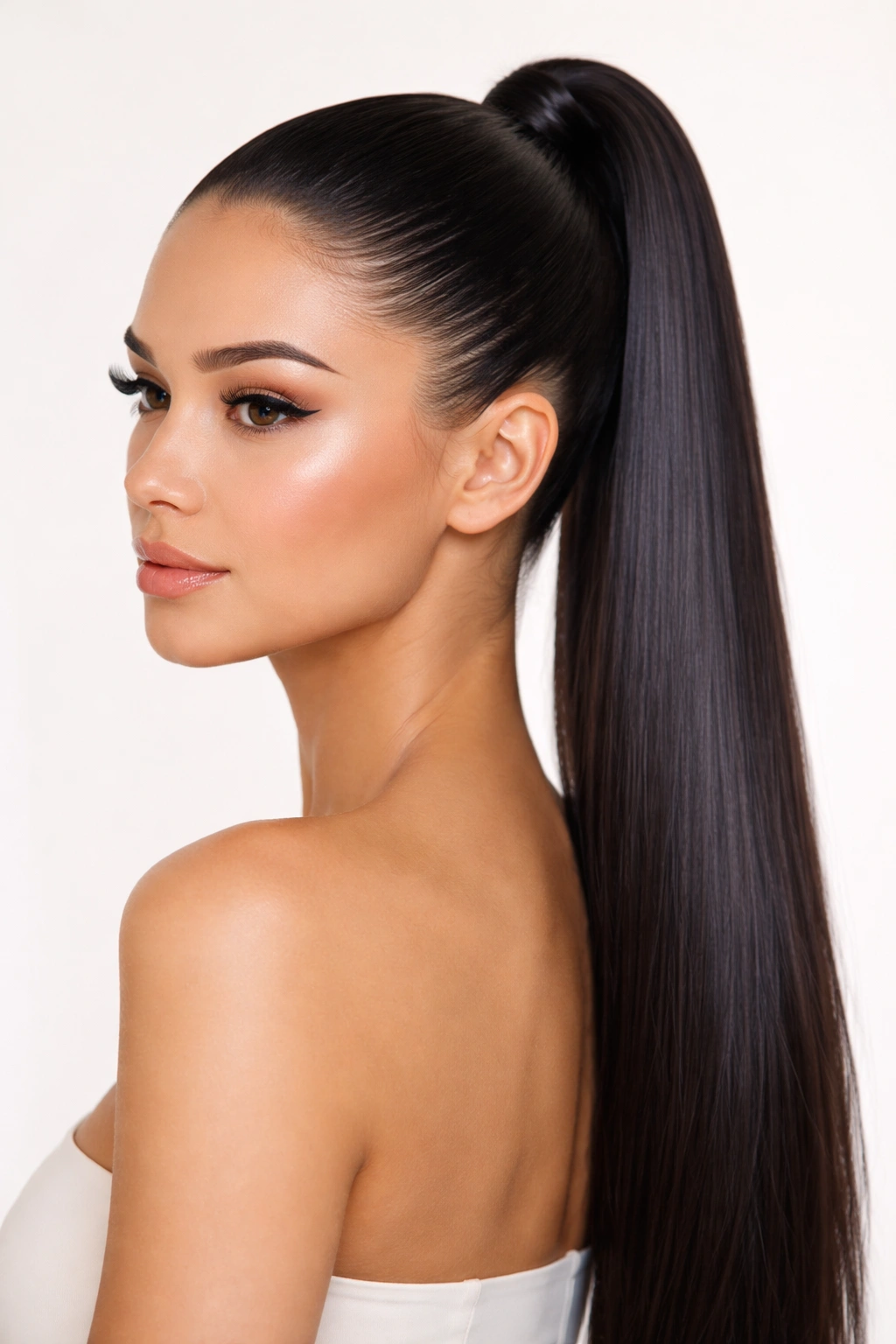 Full headshot of a sleek, glass-smooth high ponytail