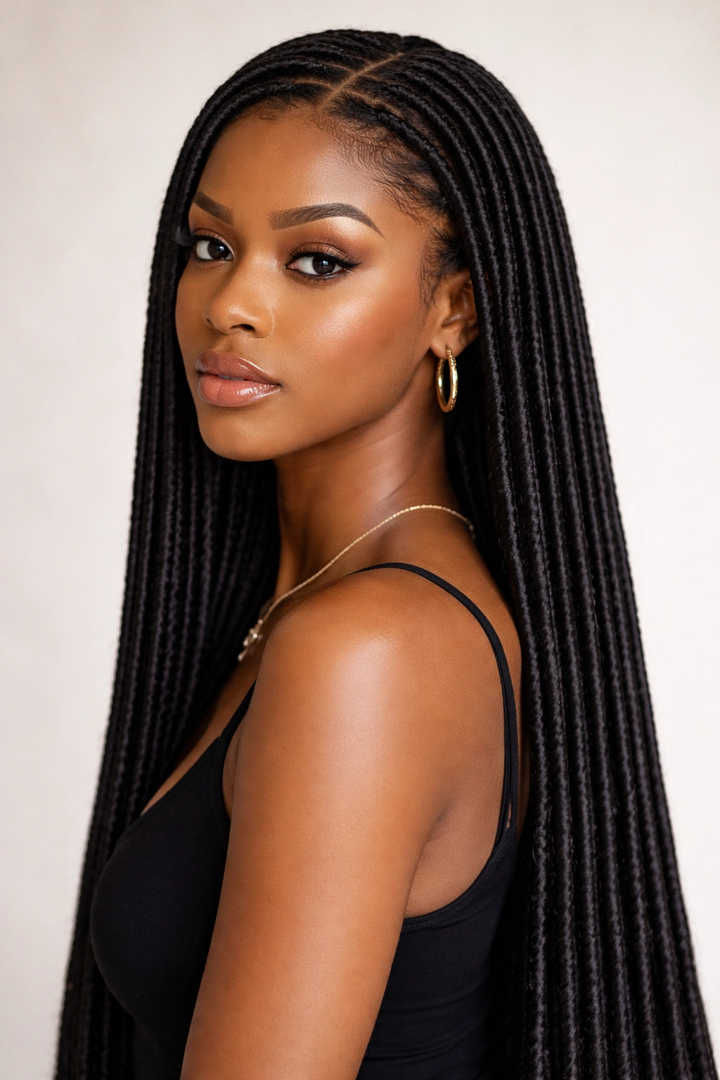 Close-up of sleek straight locs with uniform cylindrical shape and glossy shine
