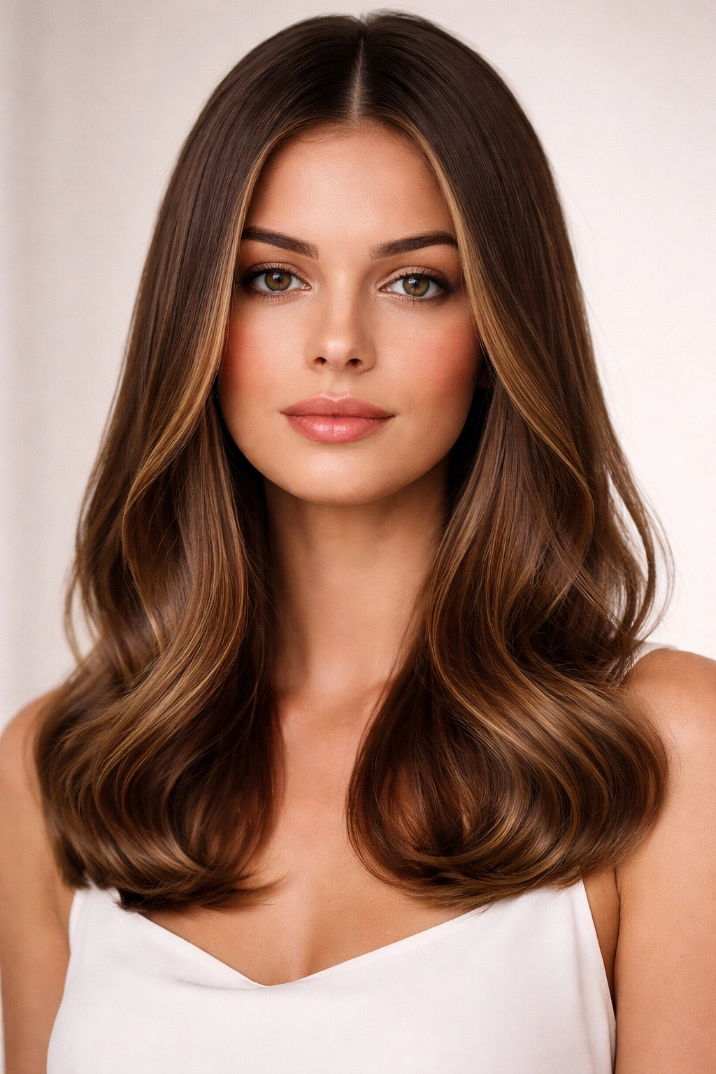 Straight roots with wavy ends on sleek hair, editorial contrast