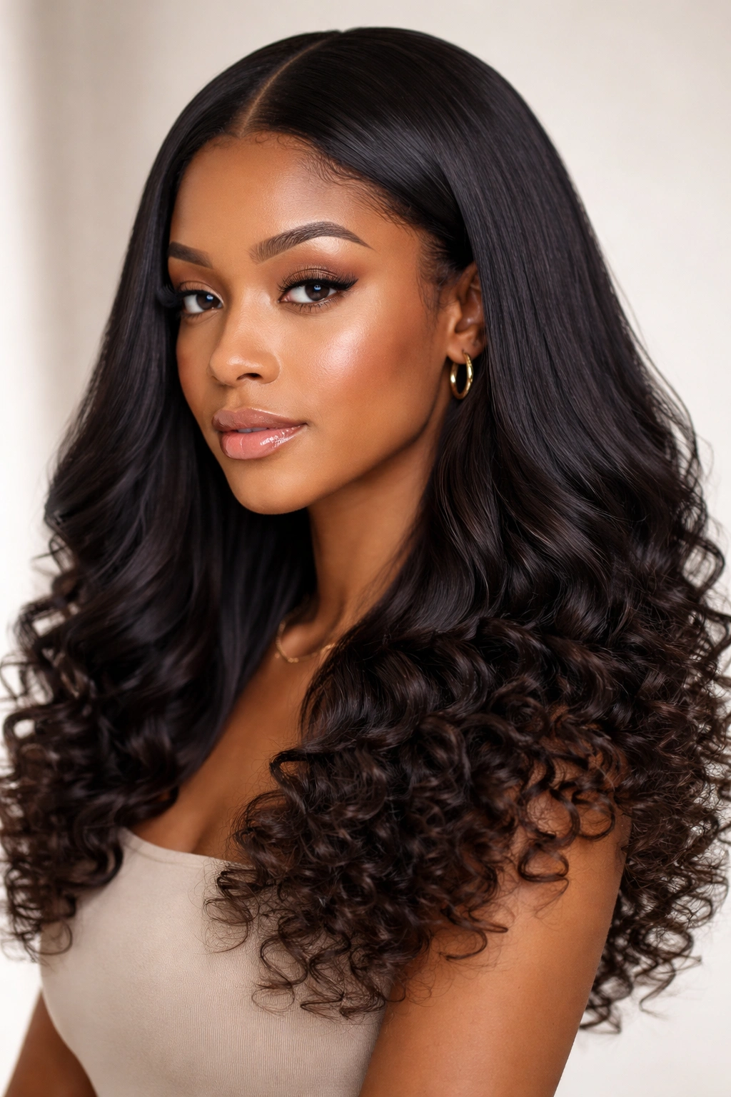 Close-up of a head with a sleek straight weave on top and curly ends