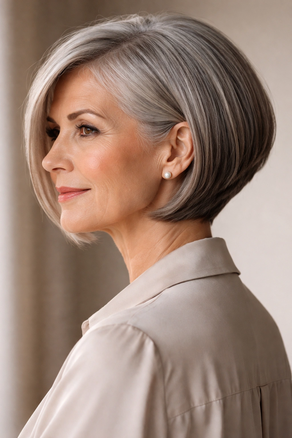 Portrait of a woman with a sleek tapered bob and clean lines