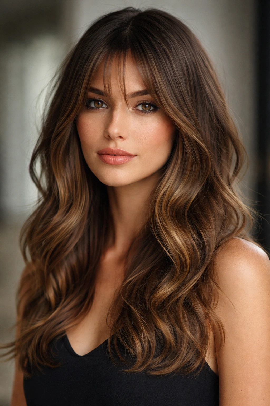 Portrait of a person with a sleek-textured hybrid style and tapered curtain bangs