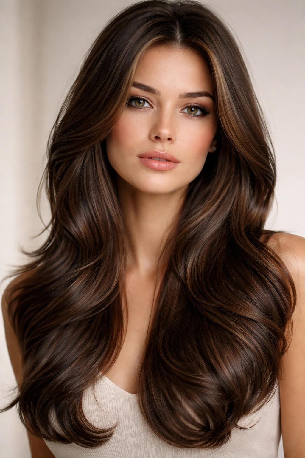 Long hair with sleek, polished waves and subtle layered texture