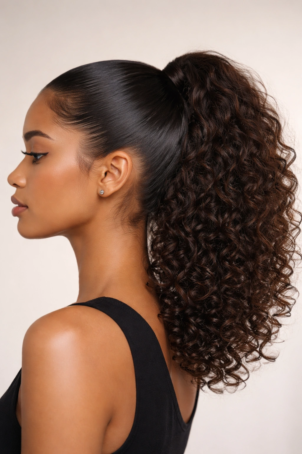 Profile view of hair with a smooth top and curly texture underneath