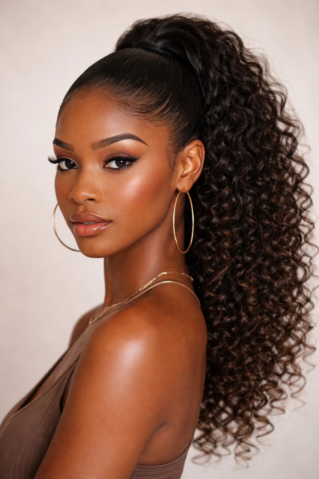Sleek top curls with curly bottom ponytail