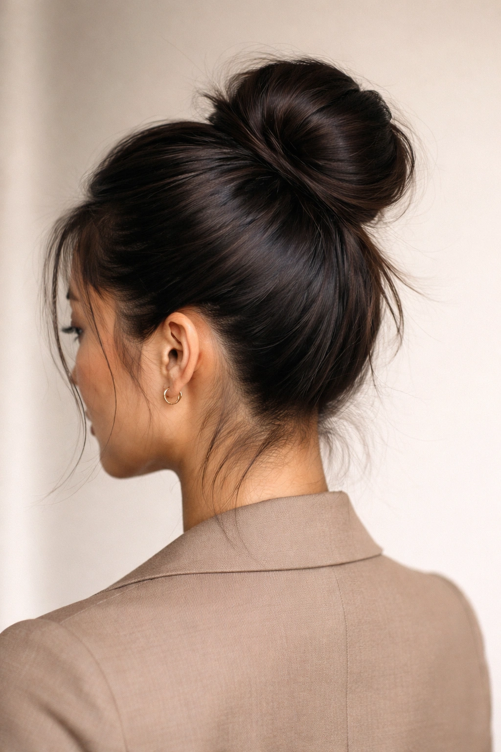 Sleek top knot with a textured bottom bun.