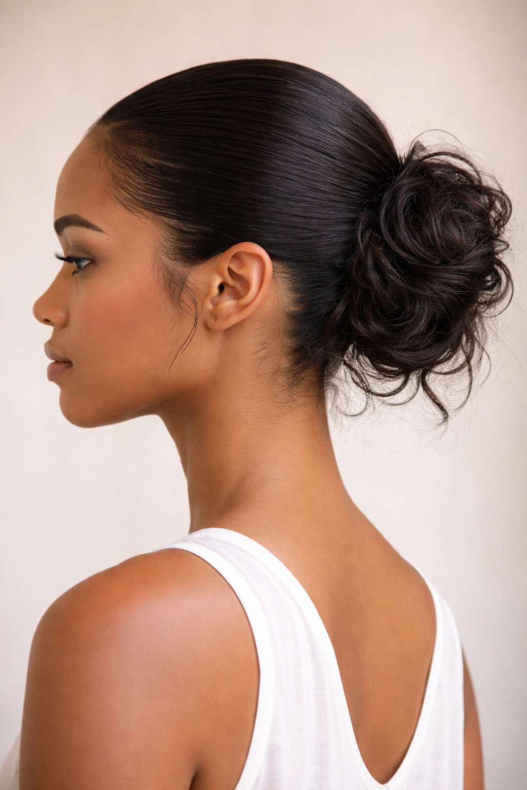 Two-part hairstyle with sleek top crown and messy bottom bun