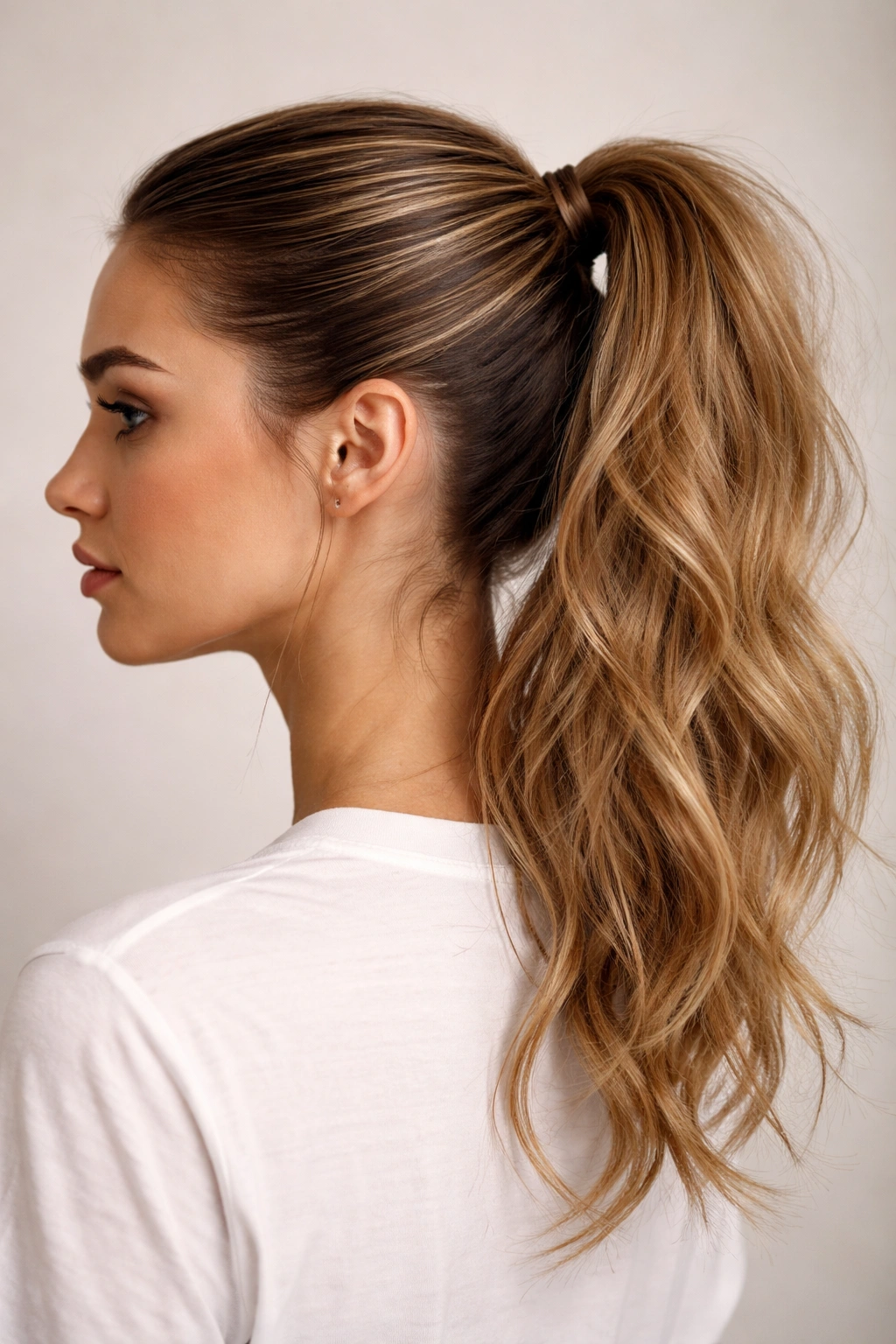 Close-up profile of a sleek top ponytail with a textured bottom