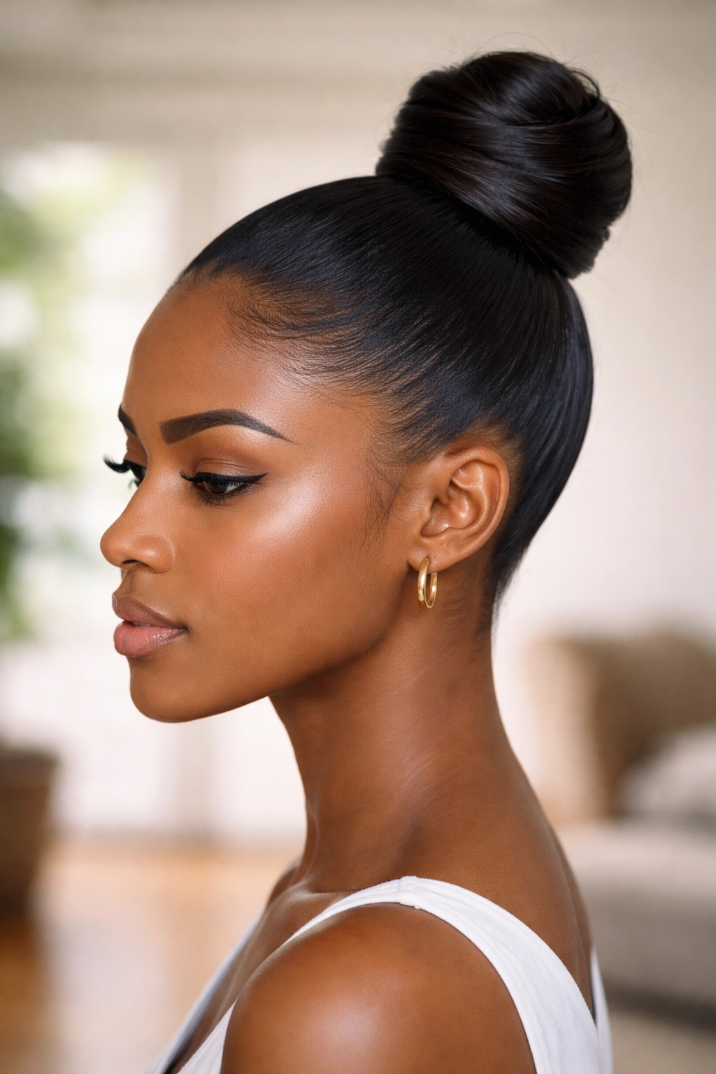 Sleek topknot bun with smooth, polished hair at the crown.