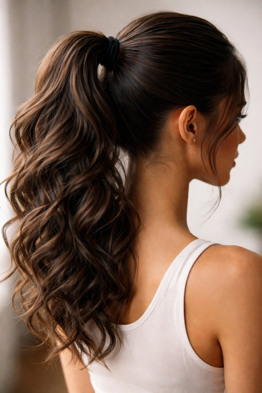 Sleek base with a textured tousled ponytail and a crisp transition at the tie.