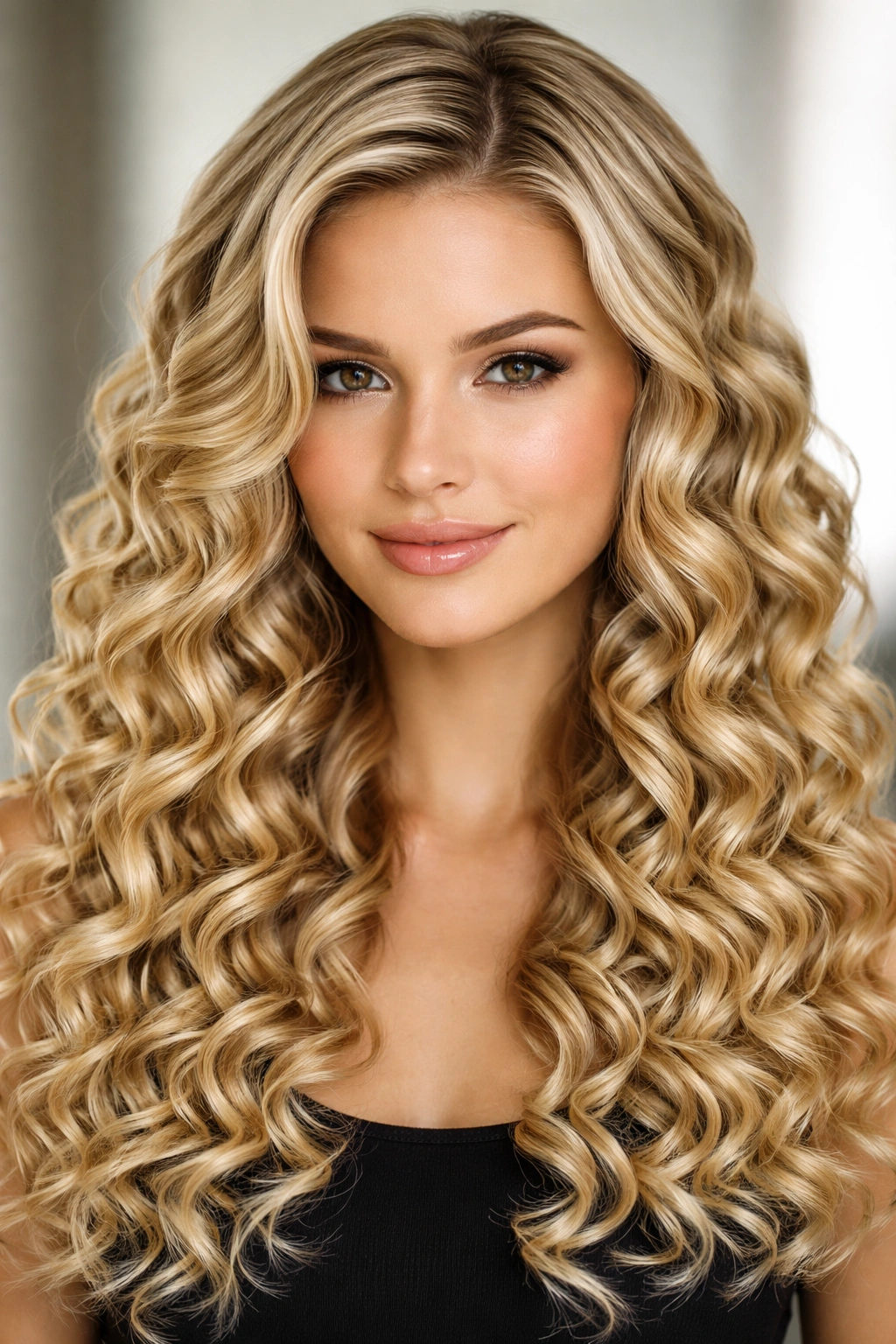Close-up portrait of sleek twisted blonde curls with a polished finish