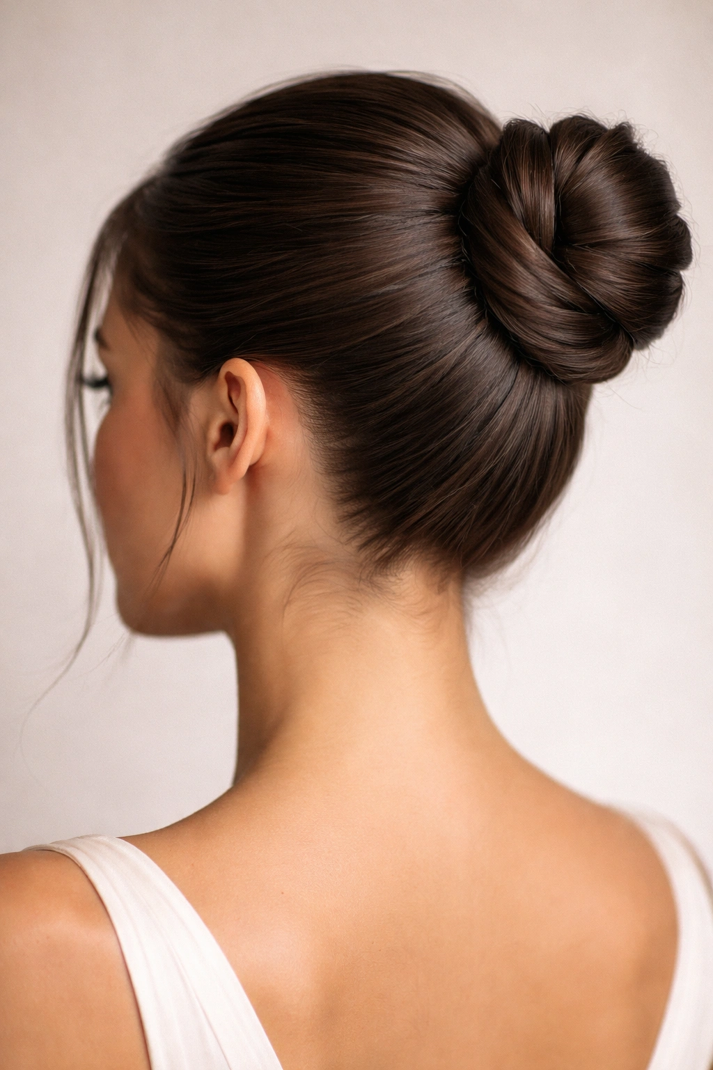 Sleek twisted updo bun with rope-twist and glossy finish.