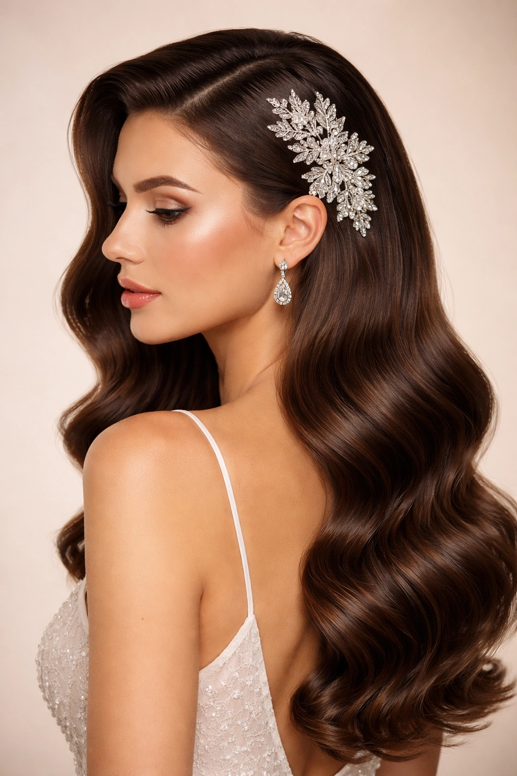 Portrait of a person with sleek waves and a decorative hair accessory, no text