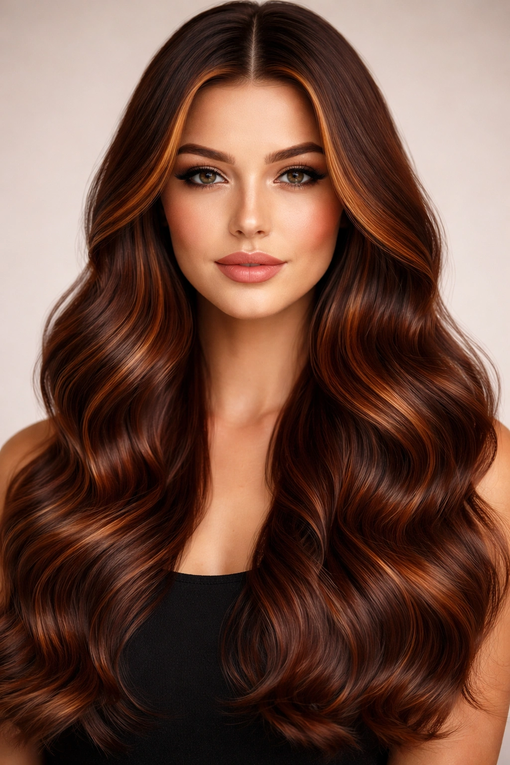 Sleek auburn-highlighted waves with middle part on a neutral backdrop