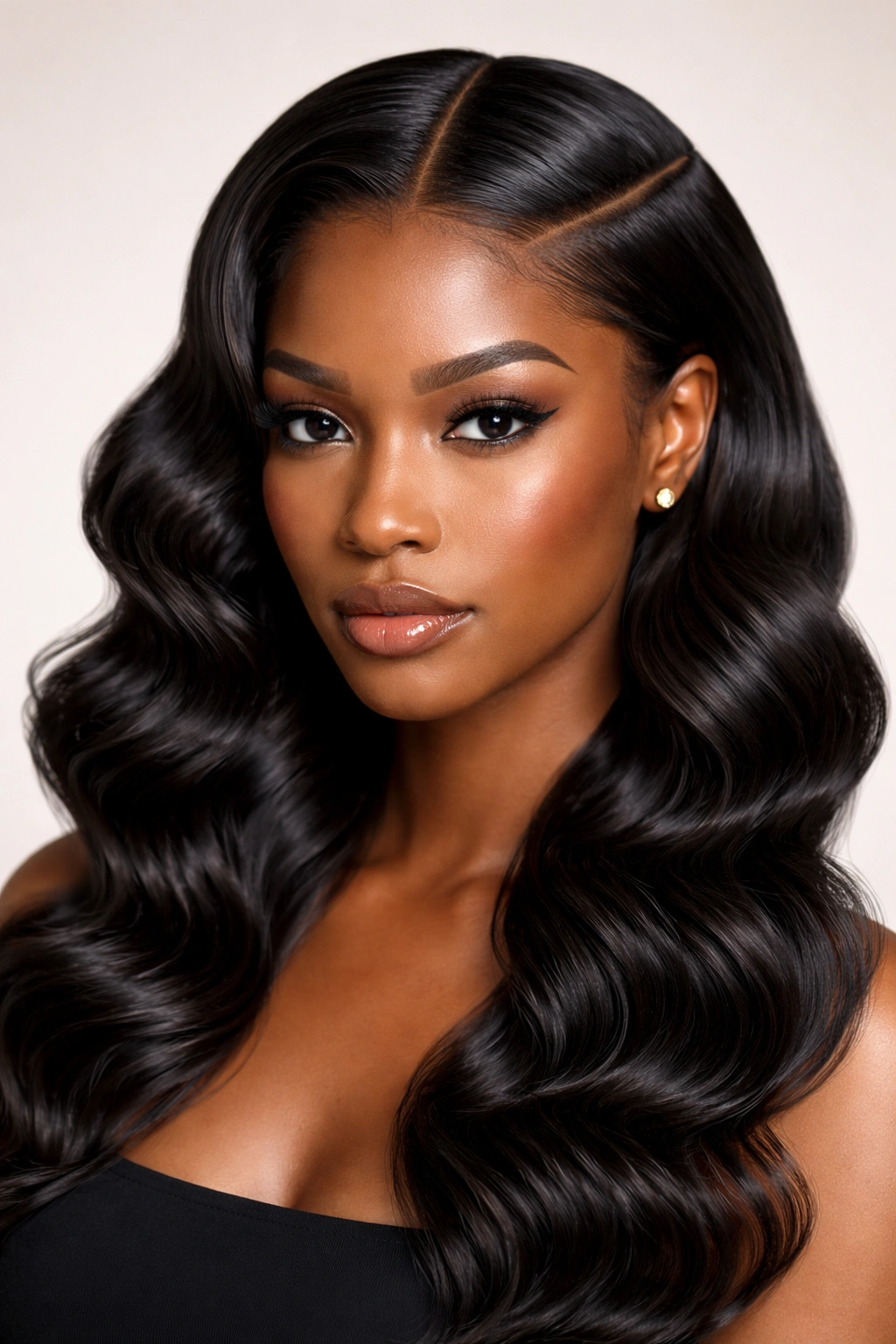 Close-up of Sleek Waves with Defined Parts featuring crisp parts on glossy Black hair