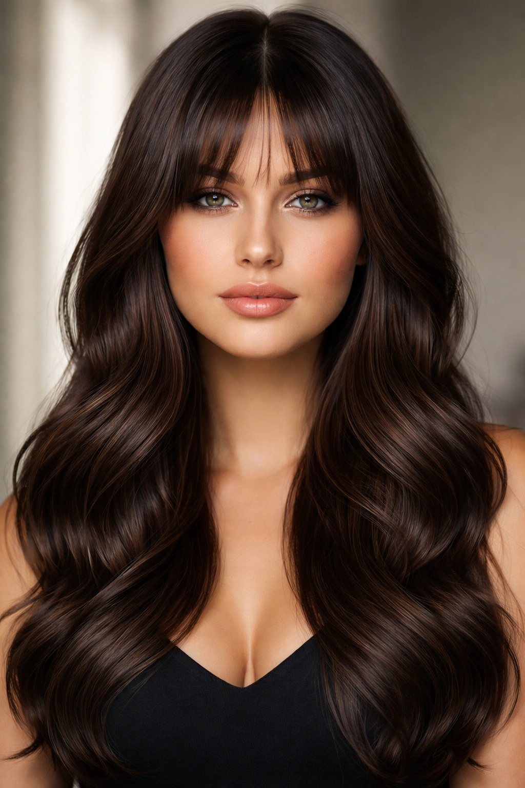 Sleek waves with graphic curtain bangs forming a strong upper-face frame