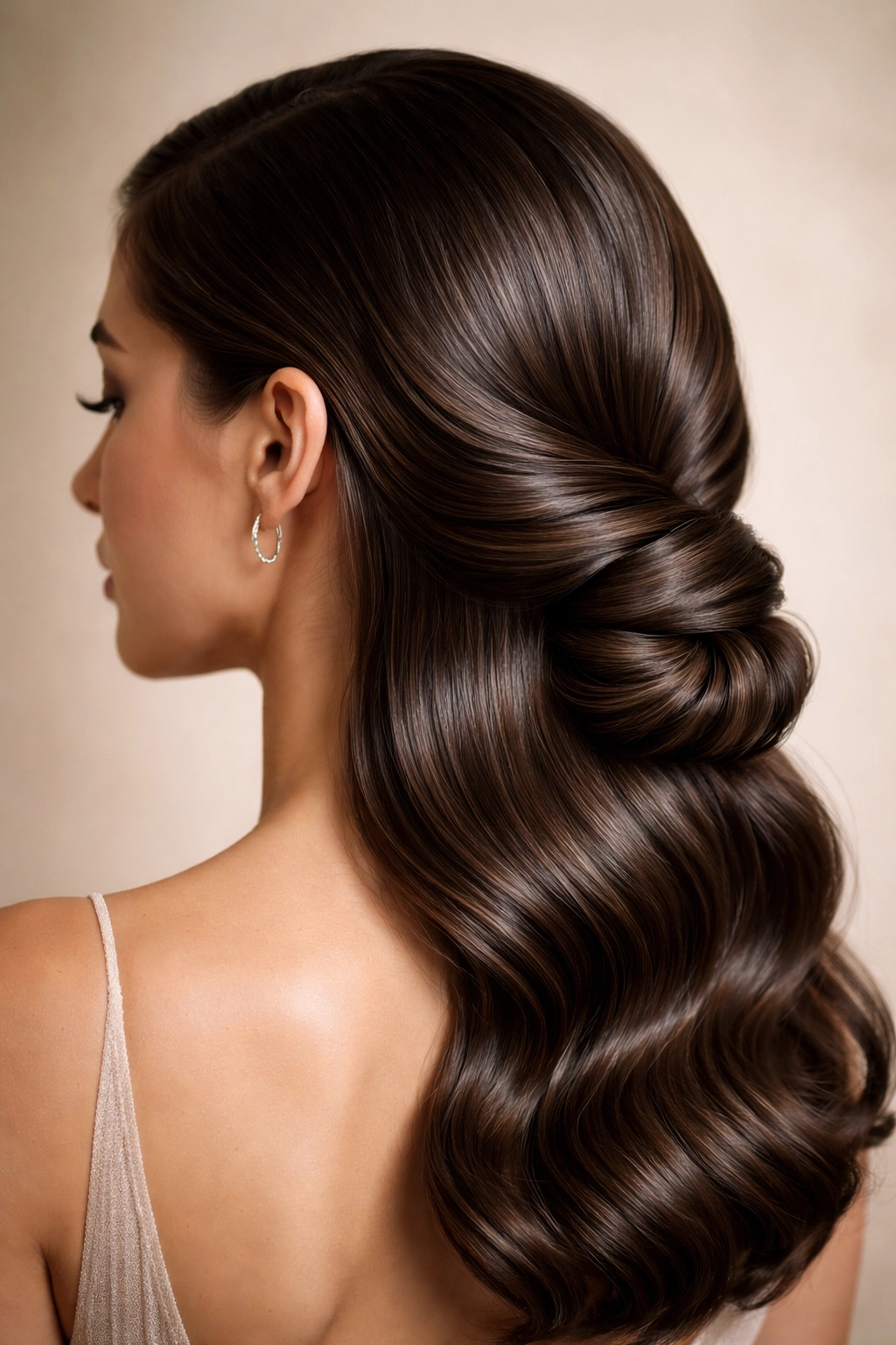 Close-up profile of sleek waves with a low twisted knot at the nape for a formal hairstyle
