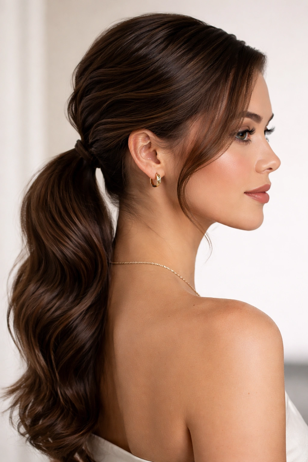 Sleek, glossy waves gathered into a low ponytail at the nape