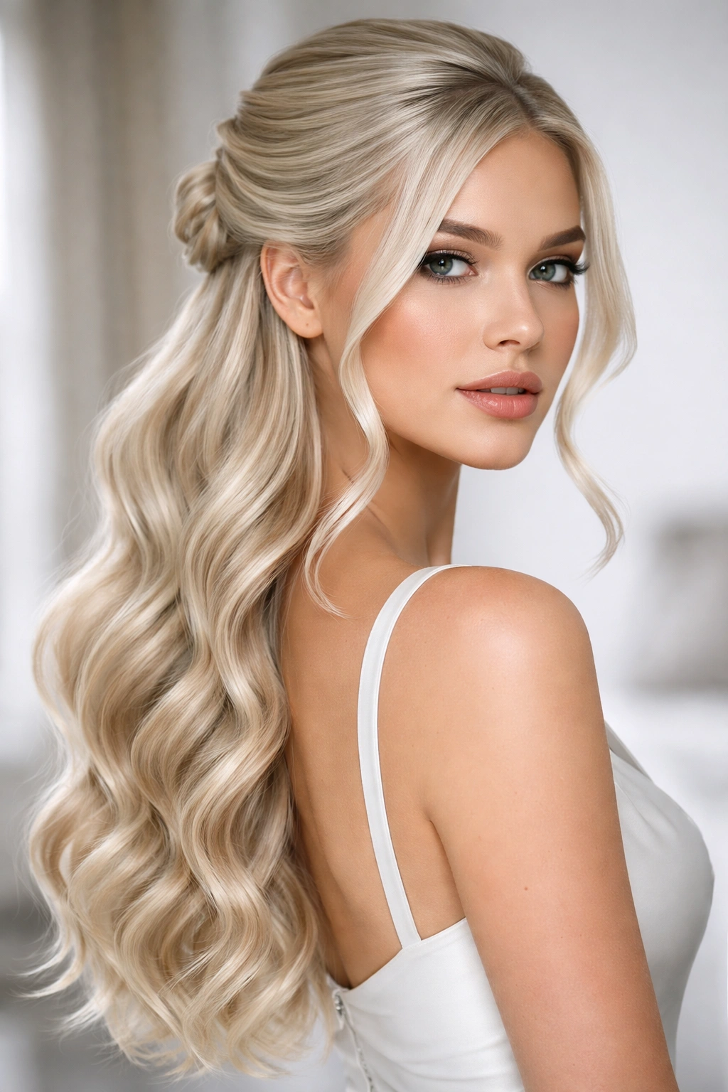 Sleek platinum waves with a partial updo showing crown pulled back