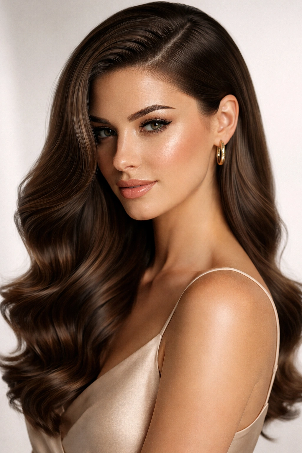 Sleek wave with a deep side part and glossy finish