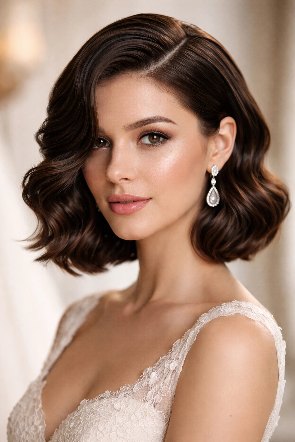 Sleek waves with a deep side part on a glossy wavy bob
