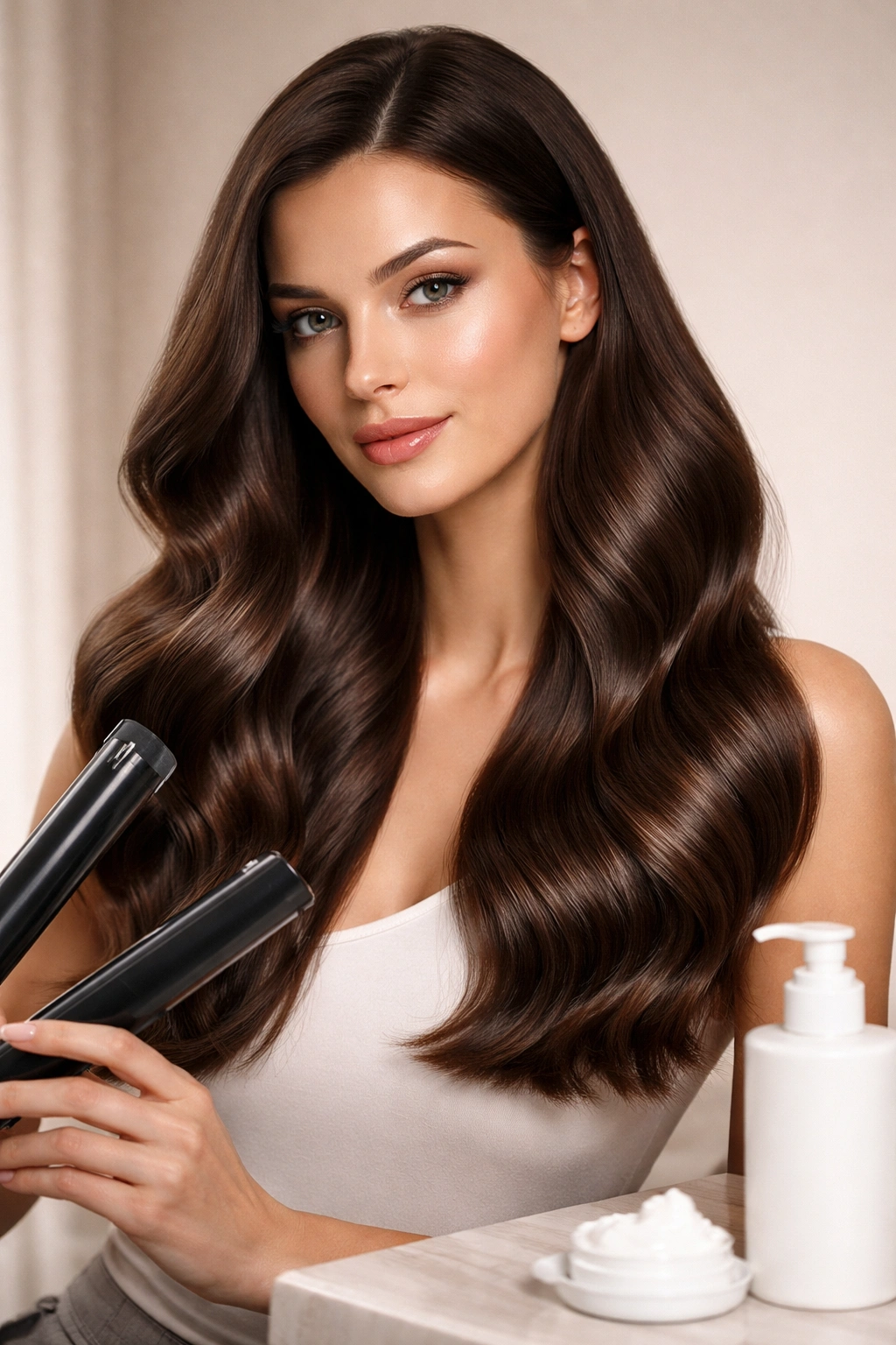 Sleek, glossy waves achieved with smoothing cream on hair.