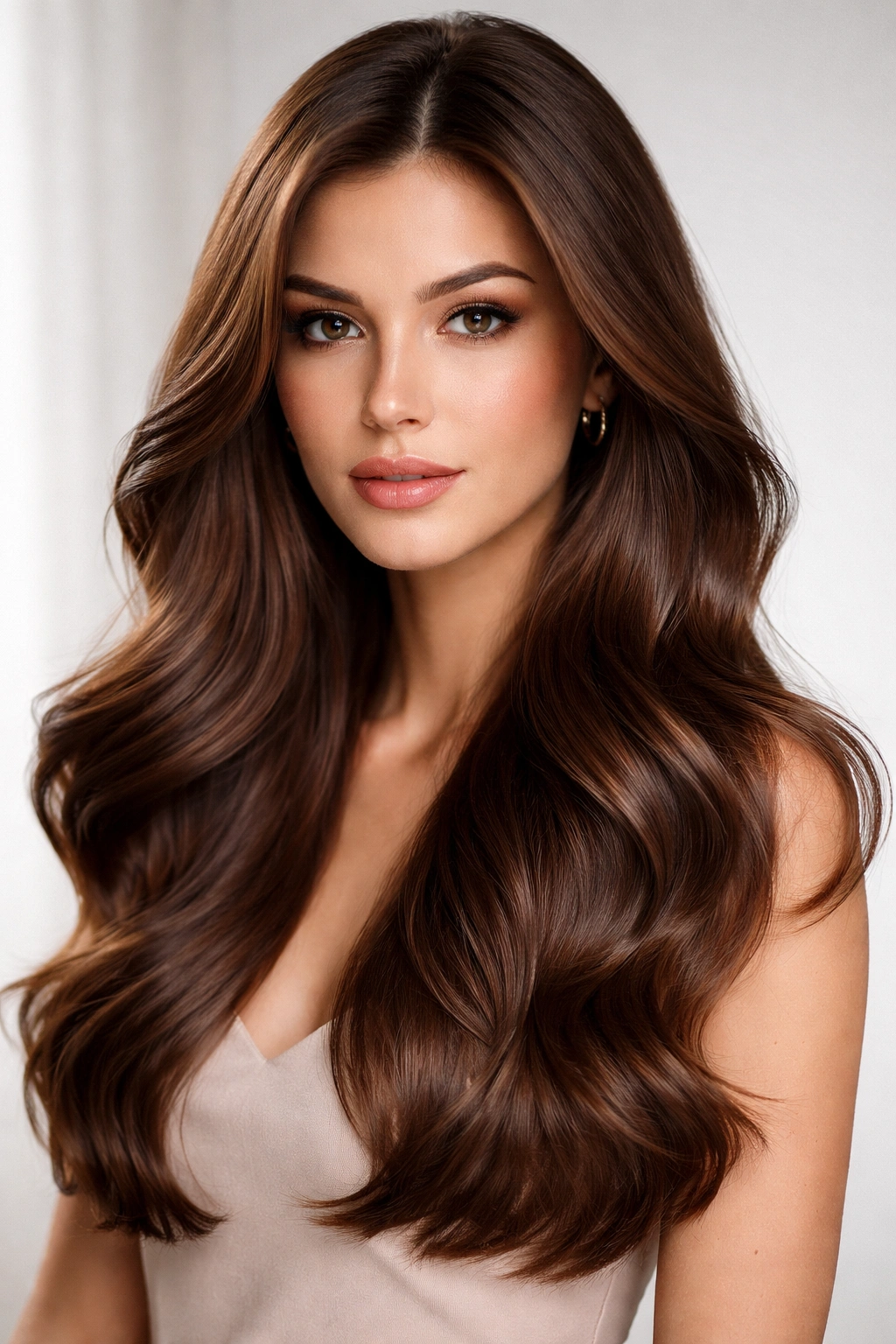 Portrait of chestnut hair in a sleek, wavy blowout with minimal layers.