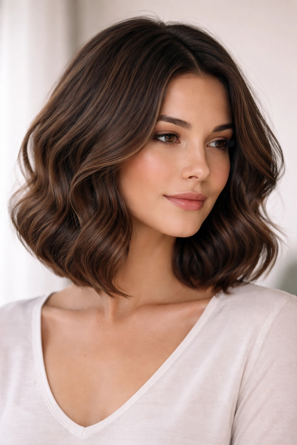 Sleek wavy bob with subtle internal layers for a smooth, polished wave.